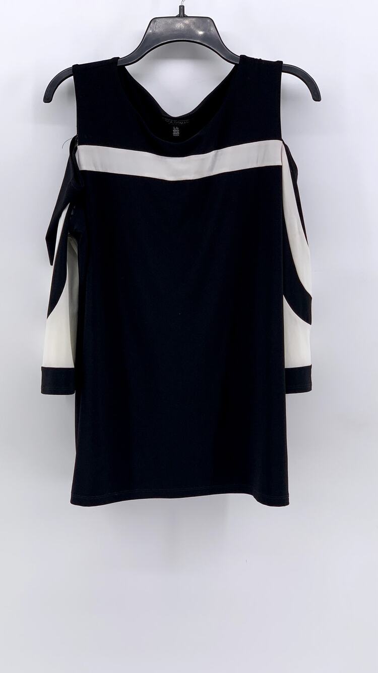 LINEA DOMANI Women's Black White Cutout Shoulder Long Sleeve Top SZ L